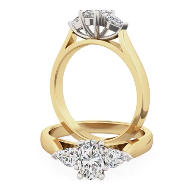 Video - A stylish oval cut and pear shape diamond three stone in 18ct yellow & white gold