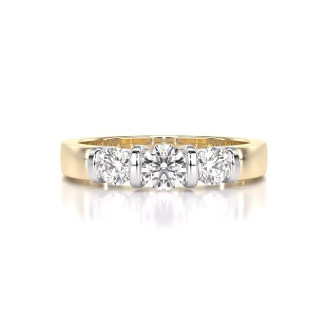 Video - A unique lab grown round brilliant cut three stone diamond ring in {metal