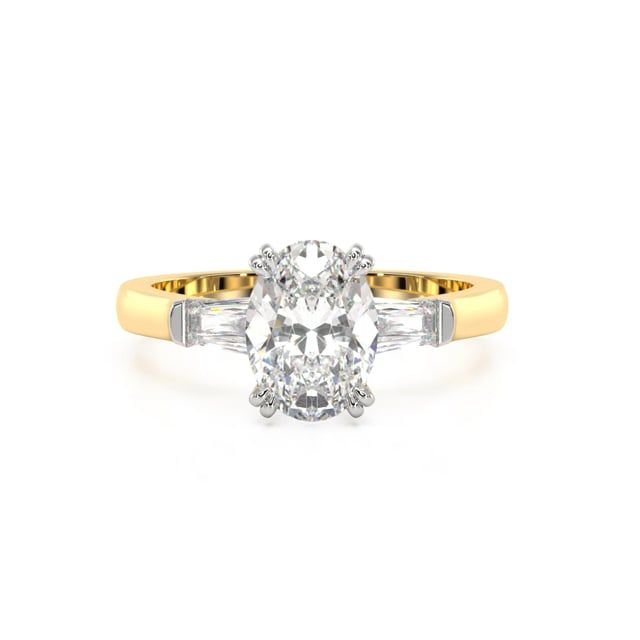 Video - A beautiful oval cut lab grown diamond ring with tapered baguette shoulder stones in 18ct yellow & white gold