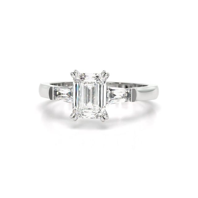 Video - A charming lab grown emerald cut diamond ring with tapered baguette shoulder stones in platinum