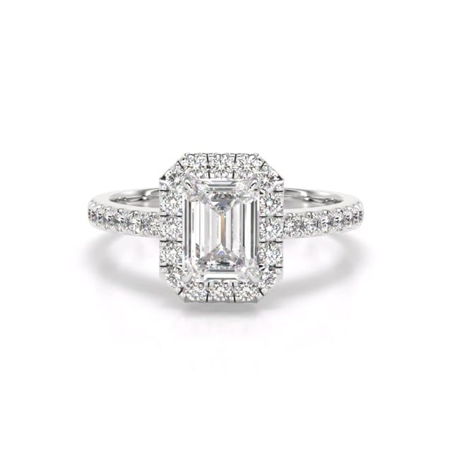 Video - A stunning emerald cut diamond halo with shoulder stones in platinum