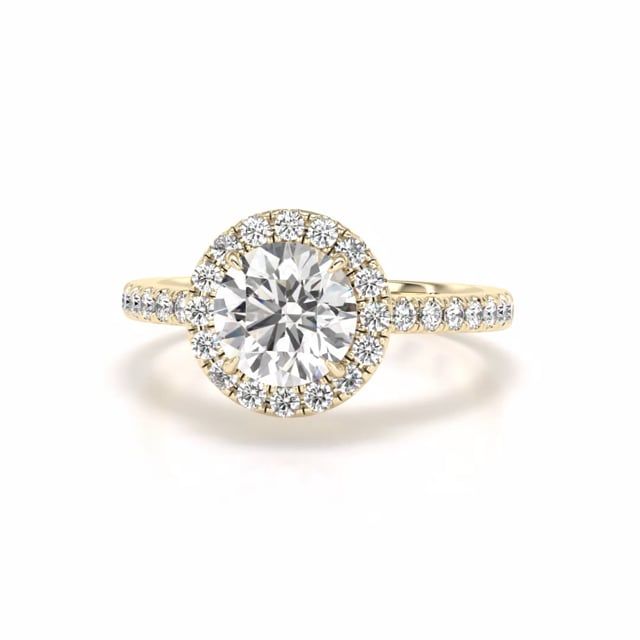 Video - A classic lab grown round brilliant cut diamond halo with shoulder stones in 18ct yellow gold