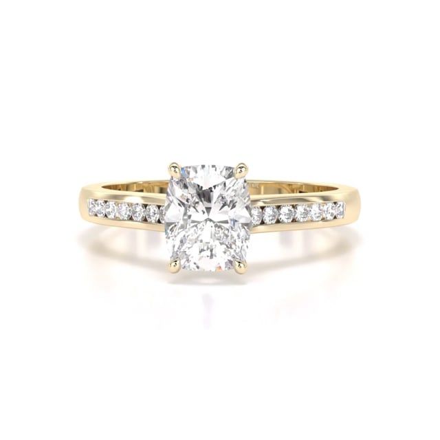 Video - A delightful lab grown elongated cushion cut diamond ring with shoulder stones in 18ct yellow gold