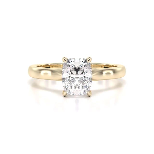 Video - A timeless elongated cushion cut solitaire lab grown diamond ring in 18ct yellow gold