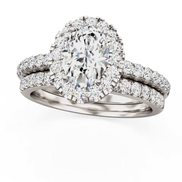 unknown – A stunning lab grown oval cut diamond halo with shoulder stones in platinum