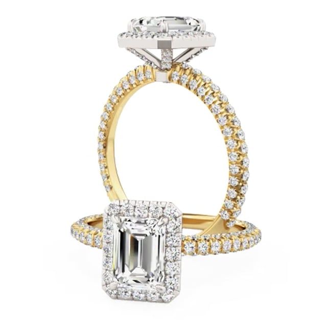 A beautiful lab grown emerald cut diamond halo with shoulder stones in 18ct yellow & white gold