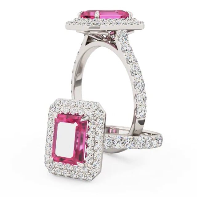 Video - A stunning emerald cut pink sapphire and diamond double halo set in 18ct white gold