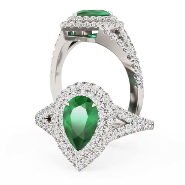 Video - A stunning emerald and diamond double halo ring with shoulder stones in 18ct white gold
