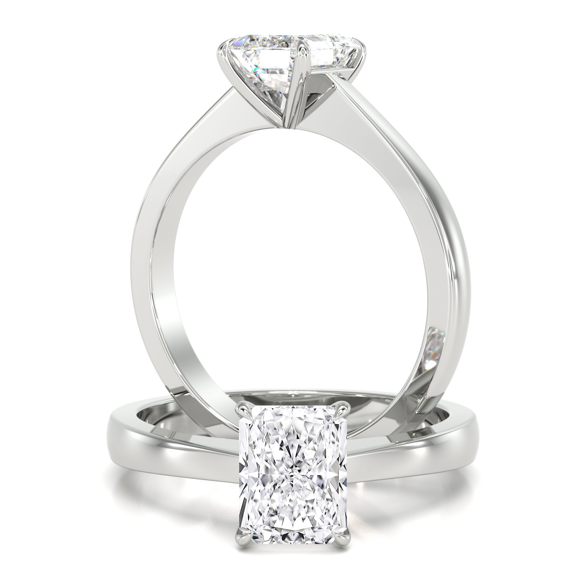 unknown – A sleek lab grown radiant cut solitaire diamond ring in 18ct white gold