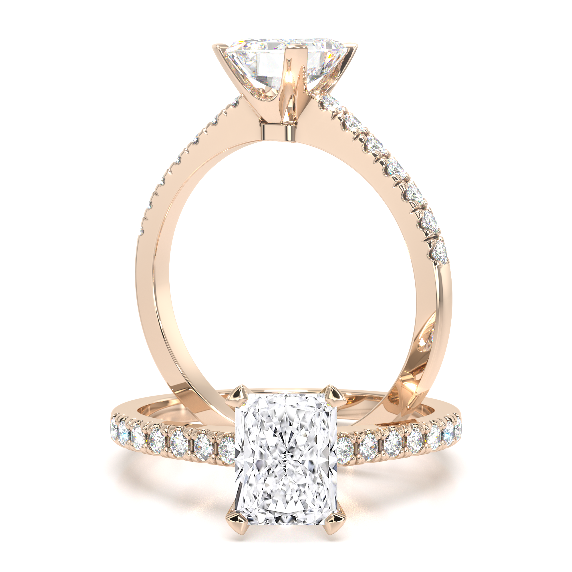 unknown – A beautiful lab grown radiant cut diamond ring with shoulder stones in 18ct rose gold
