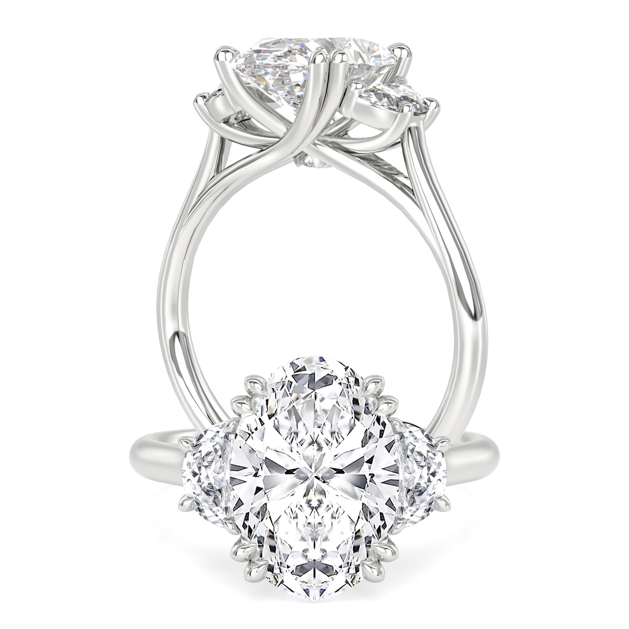 unknown – A stunning oval cut lab grown diamond ring with half moon side stones in platinum