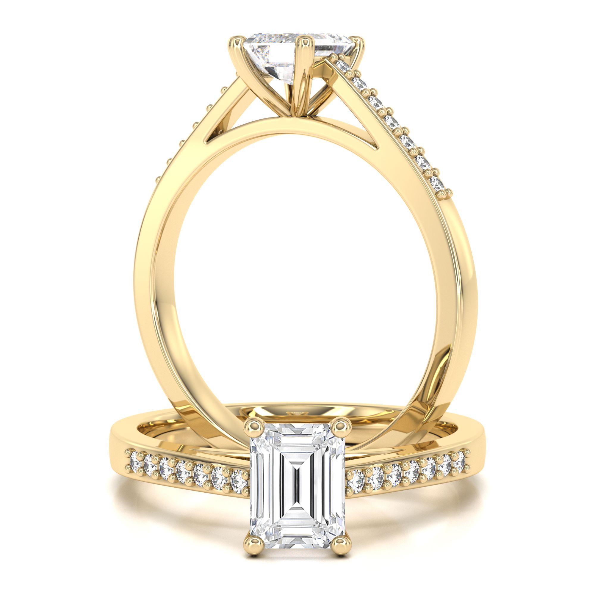 unknown – A sleek lab grown emerald cut diamond ring with shoulder stones in 18ct yellow gold