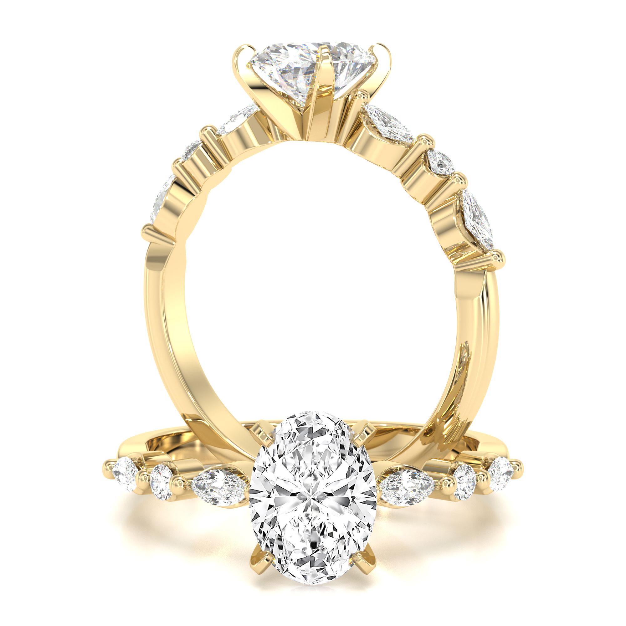 unknown – An exquisite lab grown oval cut diamond ring with shoulder stones in 18ct yellow gold