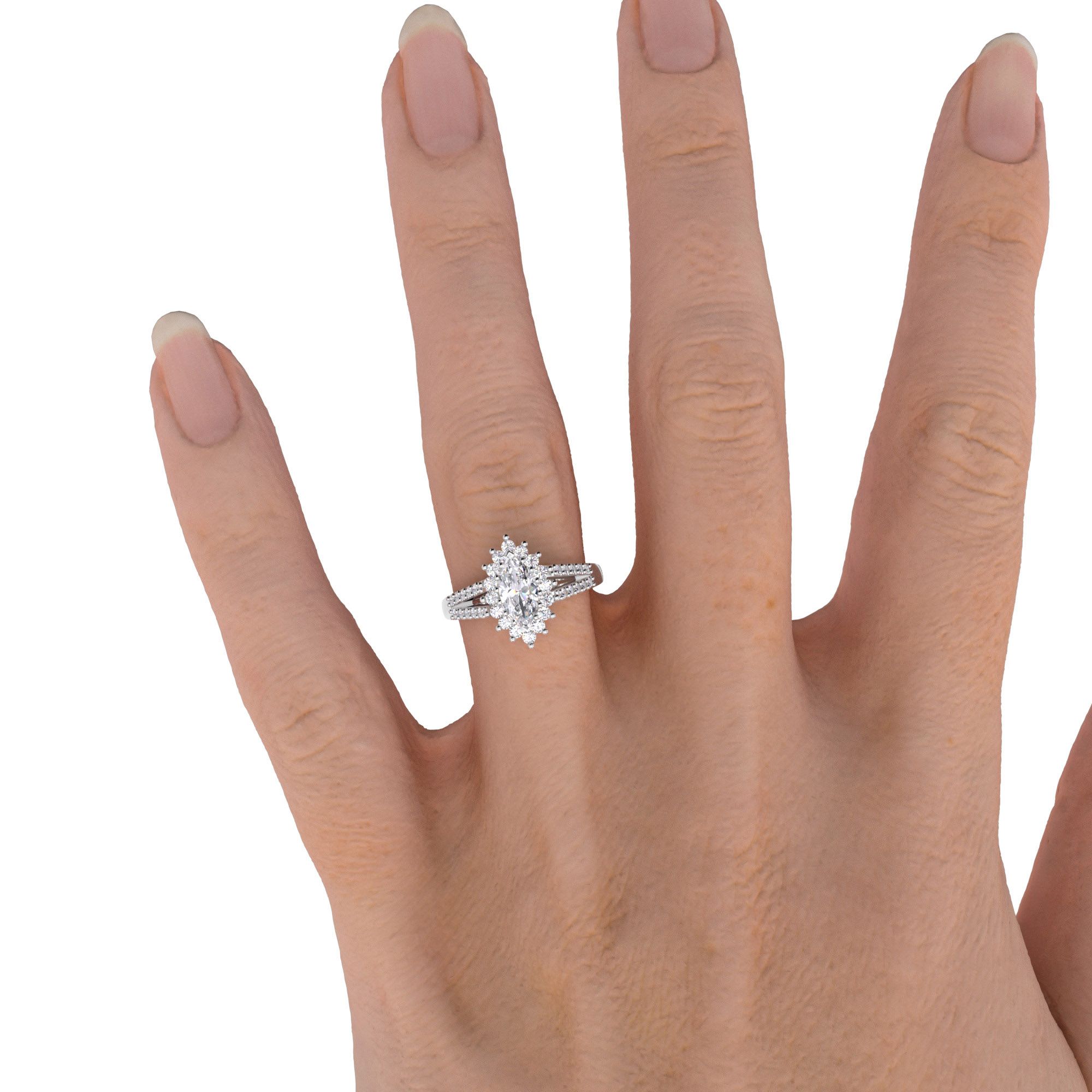 [OTHER IMAGE] hand-view-1 – A breathtaking marquise cut cluster style diamond ring in 18ct white gold
