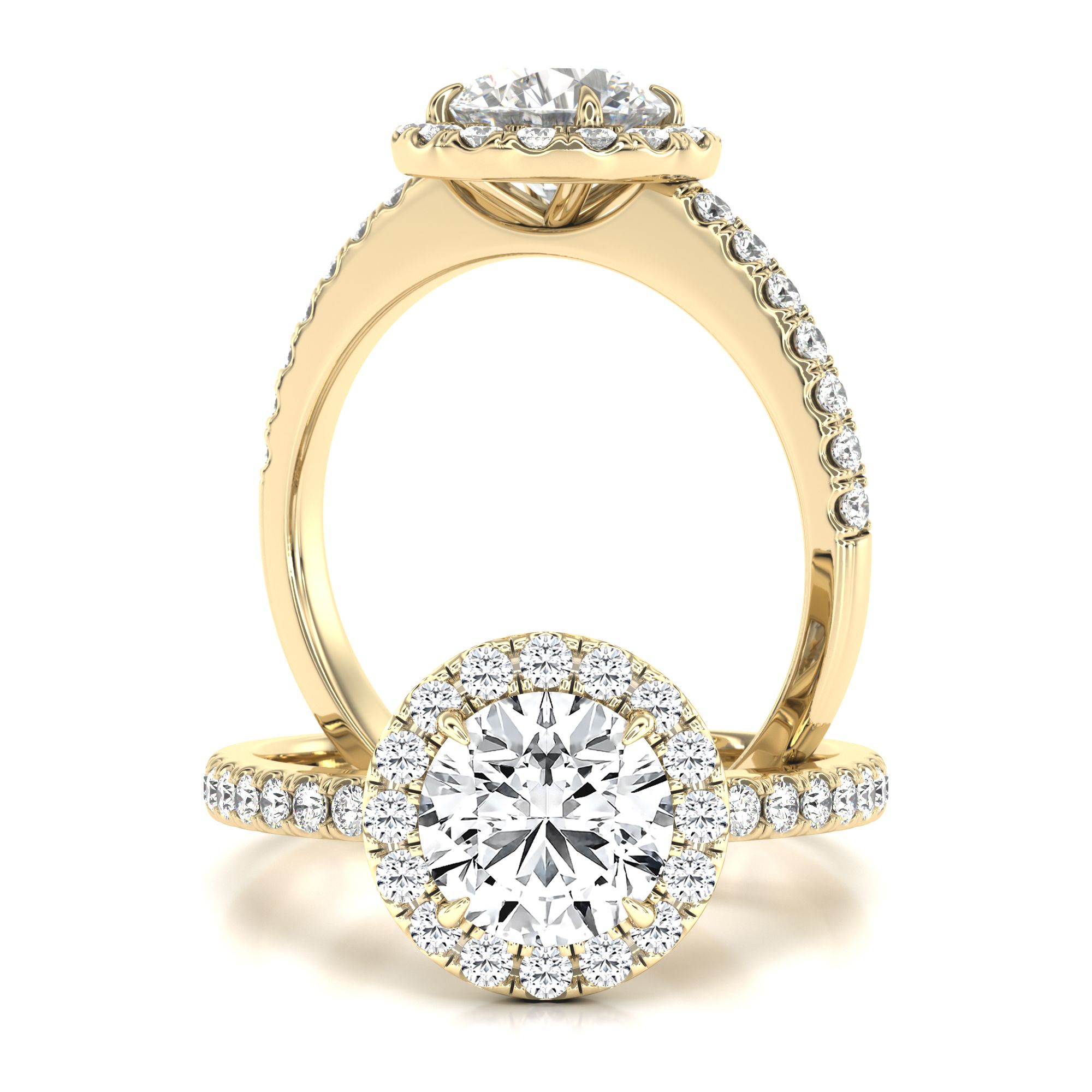 unknown – A classic lab grown round brilliant cut diamond halo with shoulder stones in 18ct yellow gold