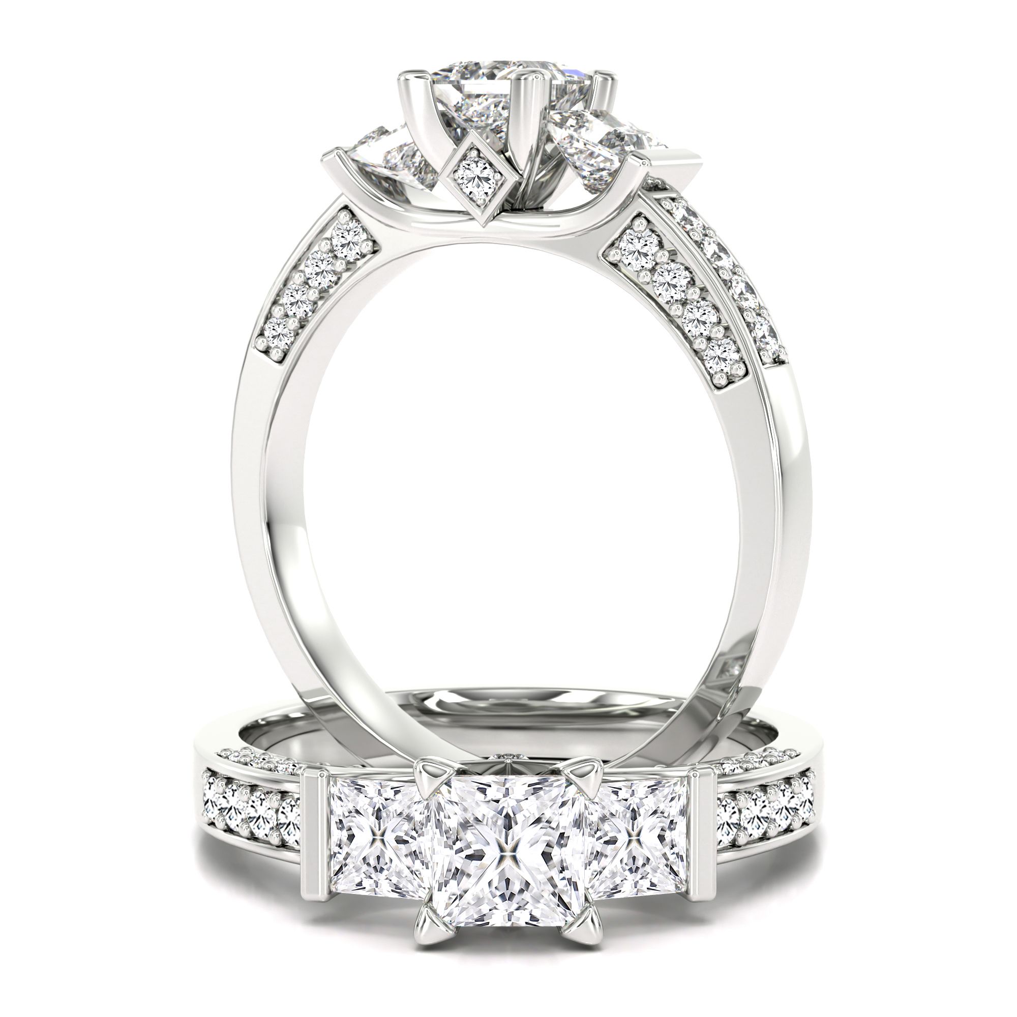 unknown – A breathtaking three stone princess cut diamond ring with shoulder stones in 18ct white gold