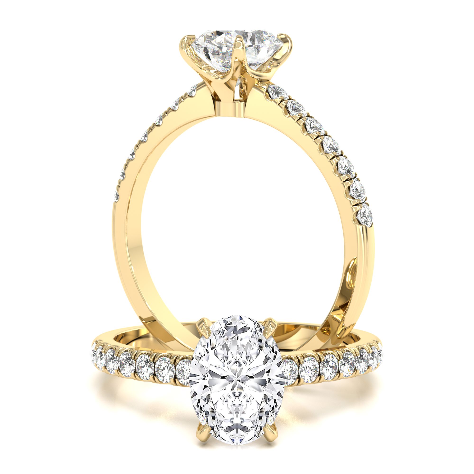 unknown – A stunning oval cut diamond ring with shoulder stones in 18ct yellow gold