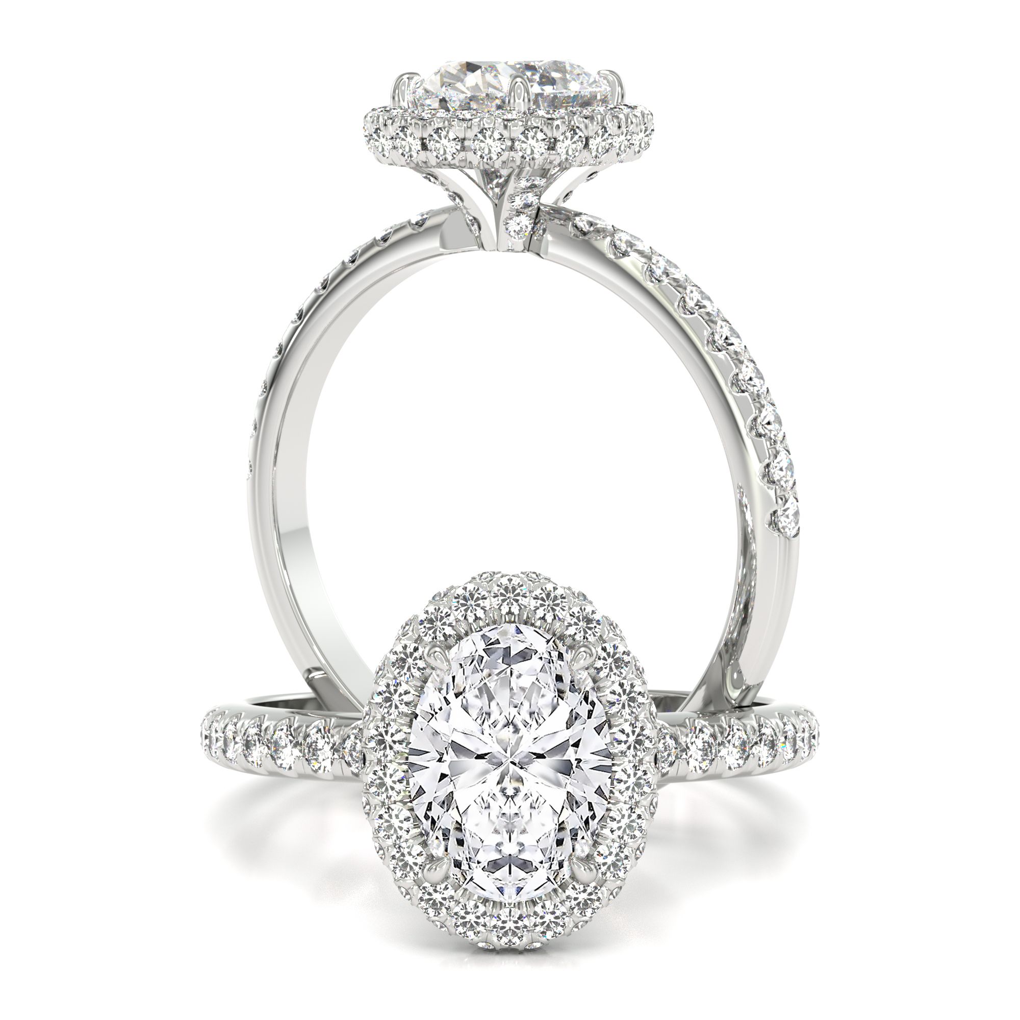 unknown – A beautiful lab grown oval cut diamond halo with shoulder stones in 18ct white gold