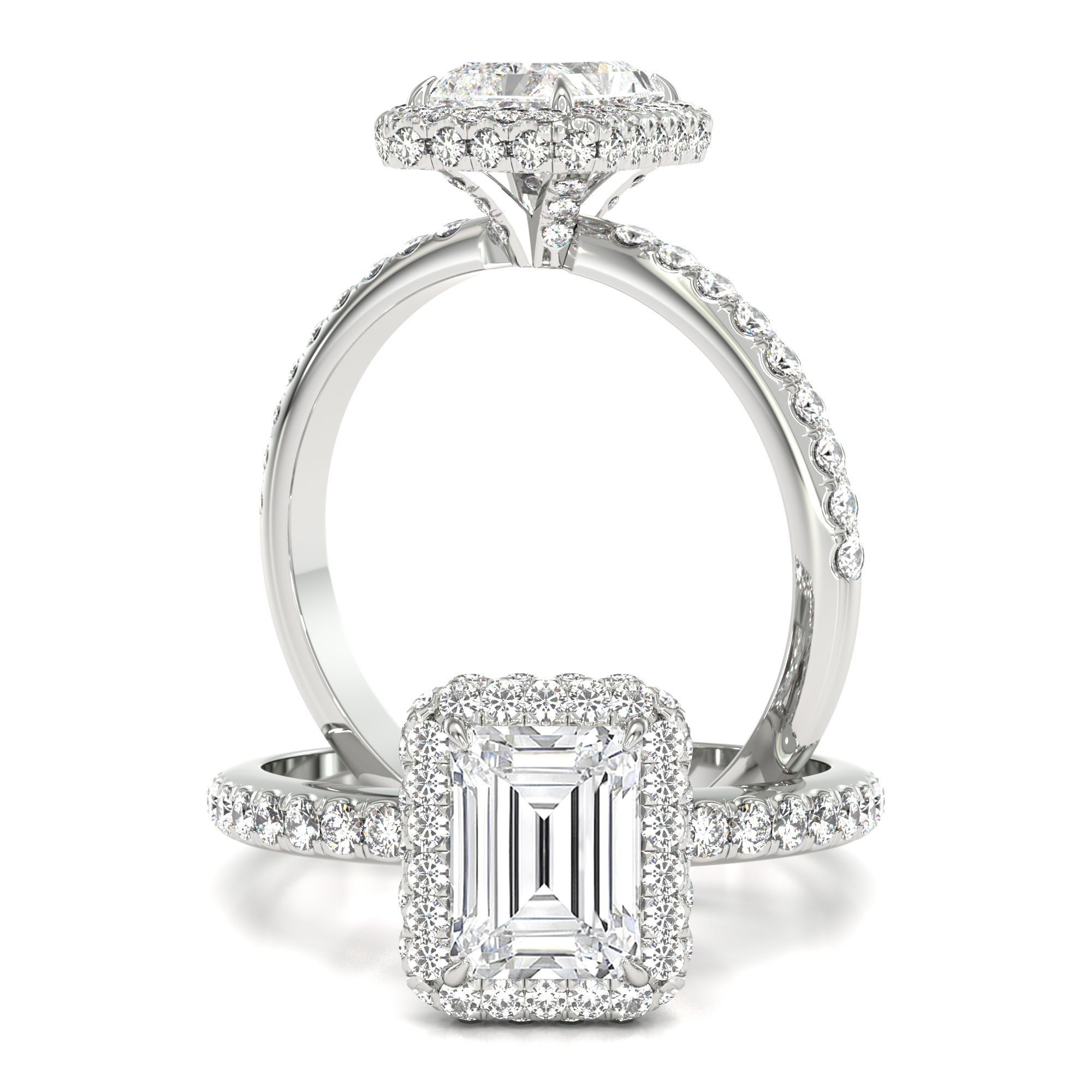 unknown – An amazing lab grown emerald cut diamond halo in 18ct white gold