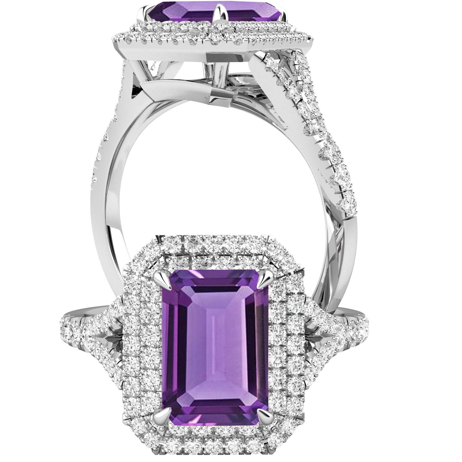 [OTHER IMAGE] two-side-view – A stunning amethyst and diamond double halo set in 18ct white gold
