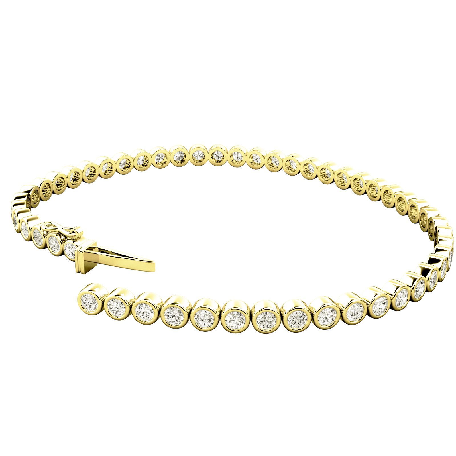 Product image – A stunning round brilliant cut diamond bracelet in a rub-over setting in 18ct yellow gold