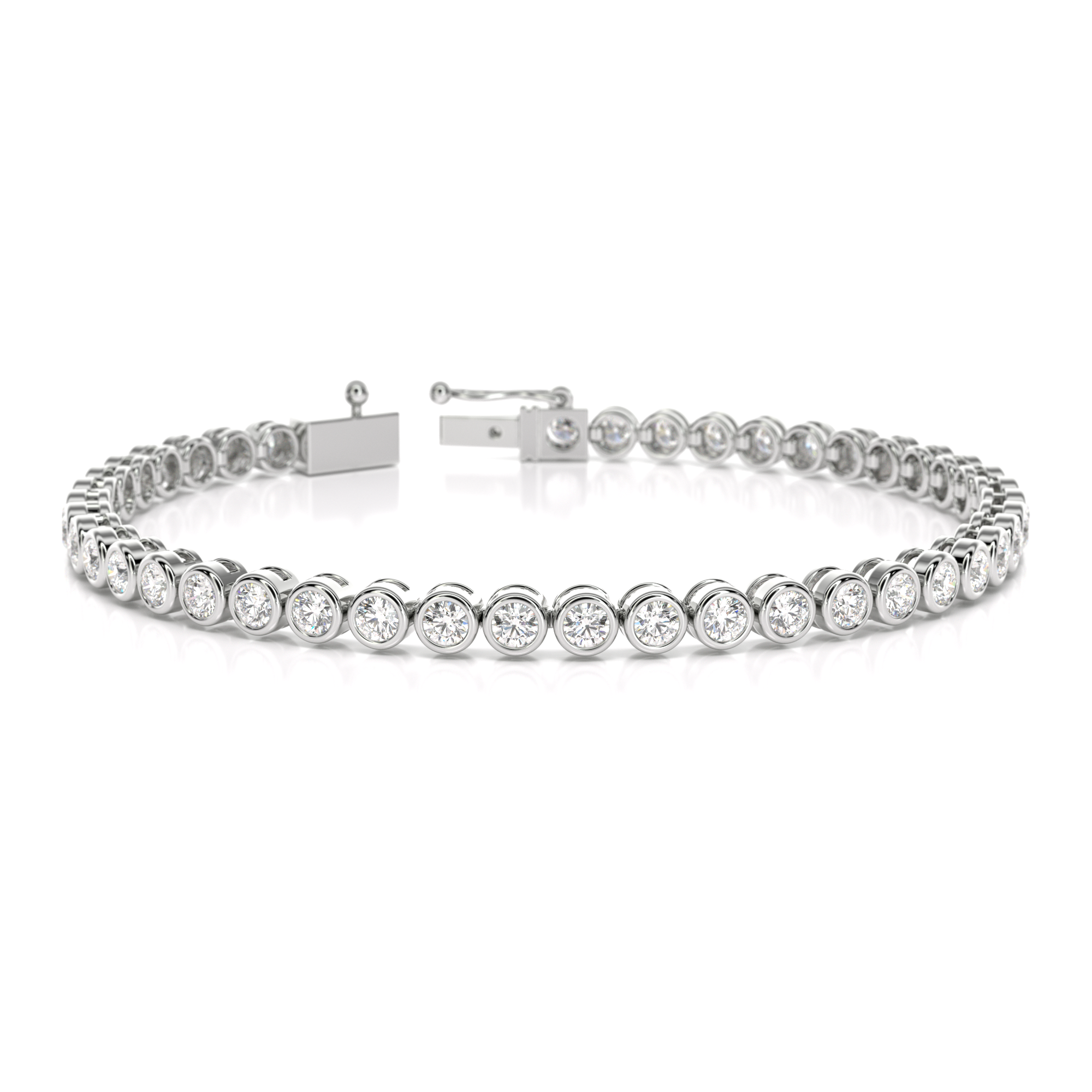 A stunning lab grown round brilliant cut diamond bracelet in a rub-over setting in 9ct white gold