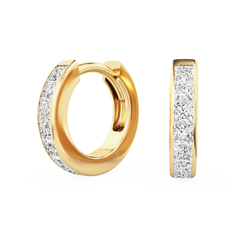 Product image – An elegant pair of princess cut diamond hoop earrings in 18ct yellow gold