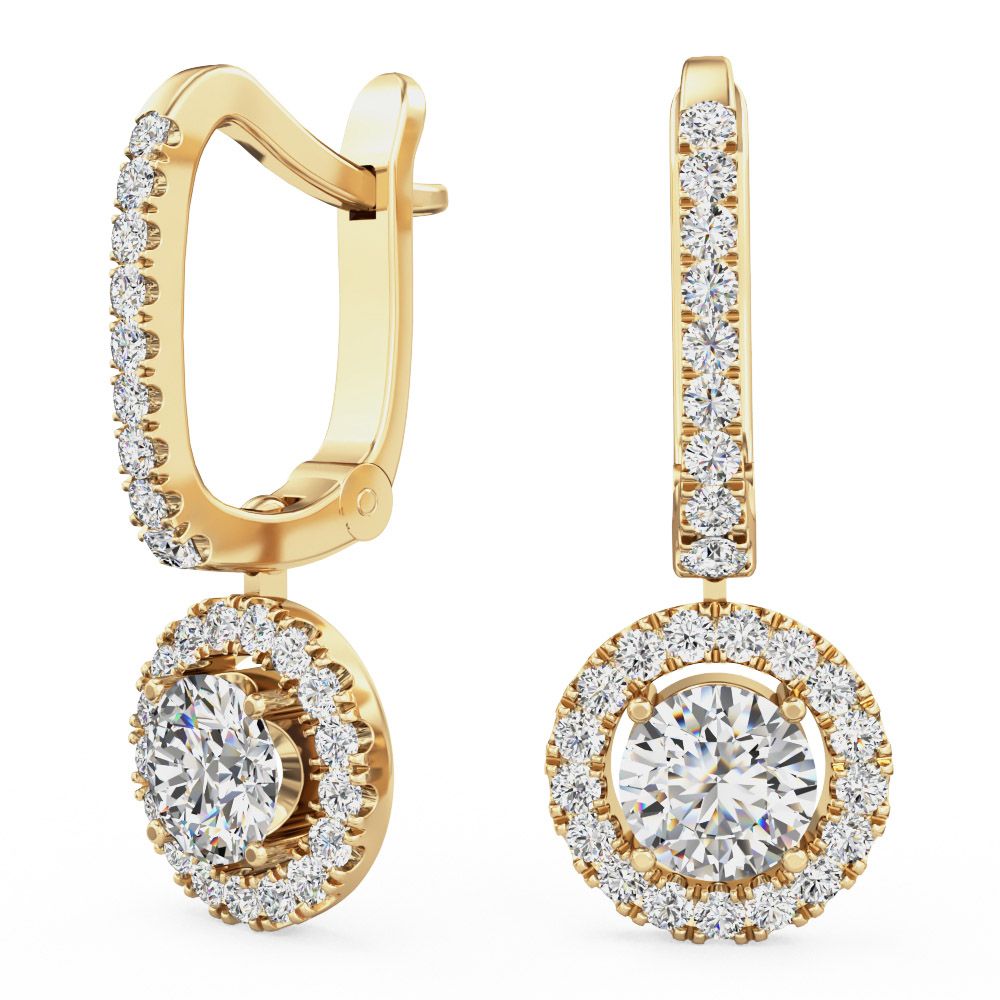 Product image – A stunning pair of round brilliant cut diamond halo drop earrings in 18ct yellow gold