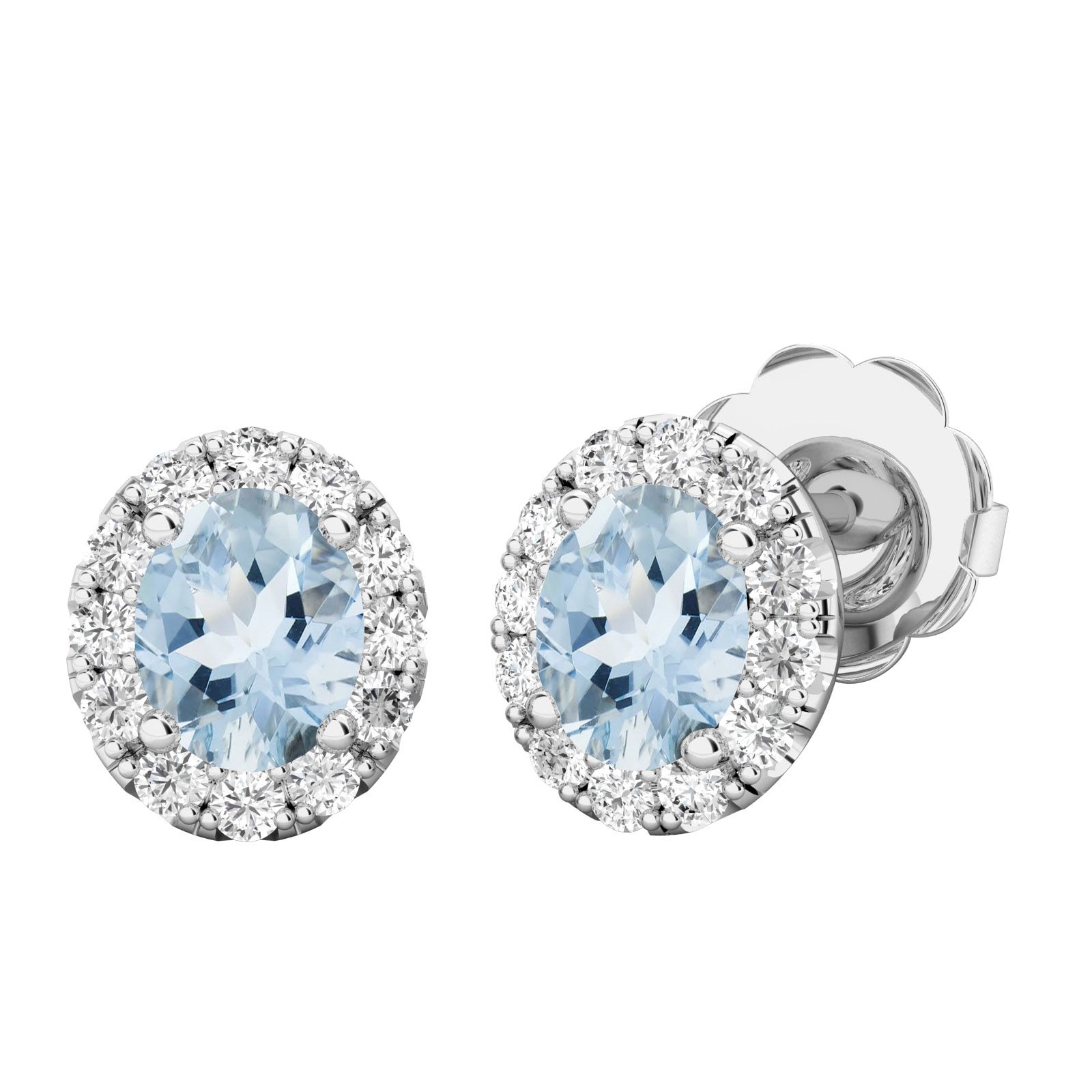 Product image – A beautiful pair of oval aqua and diamond Halo earrings in 18ct white gold