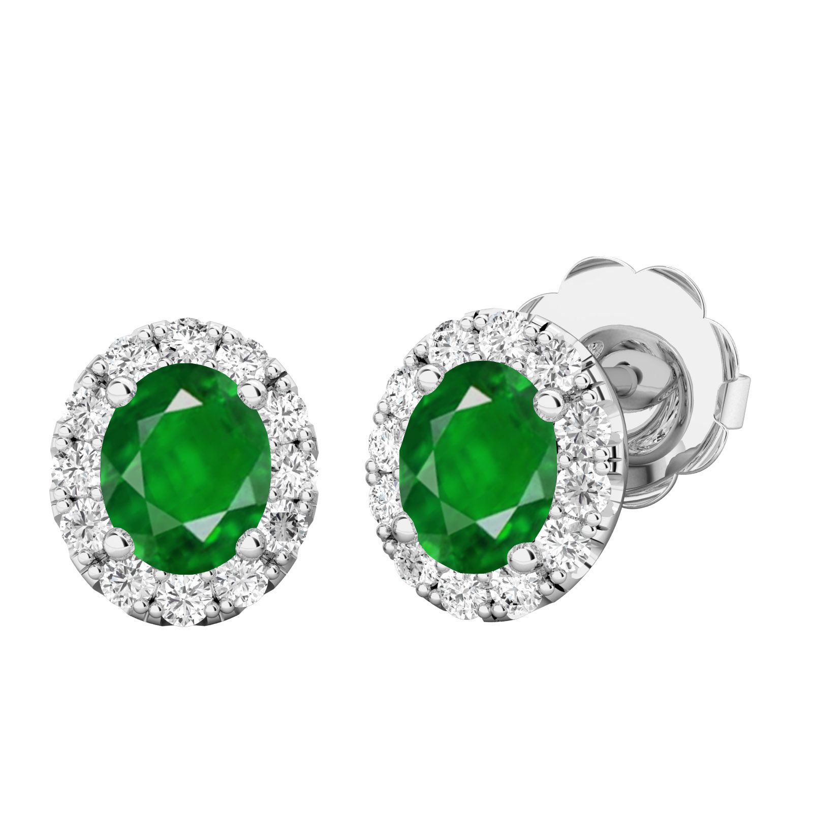Product image – A beautiful pair of oval emerald and diamond Halo earrings in 18ct white gold