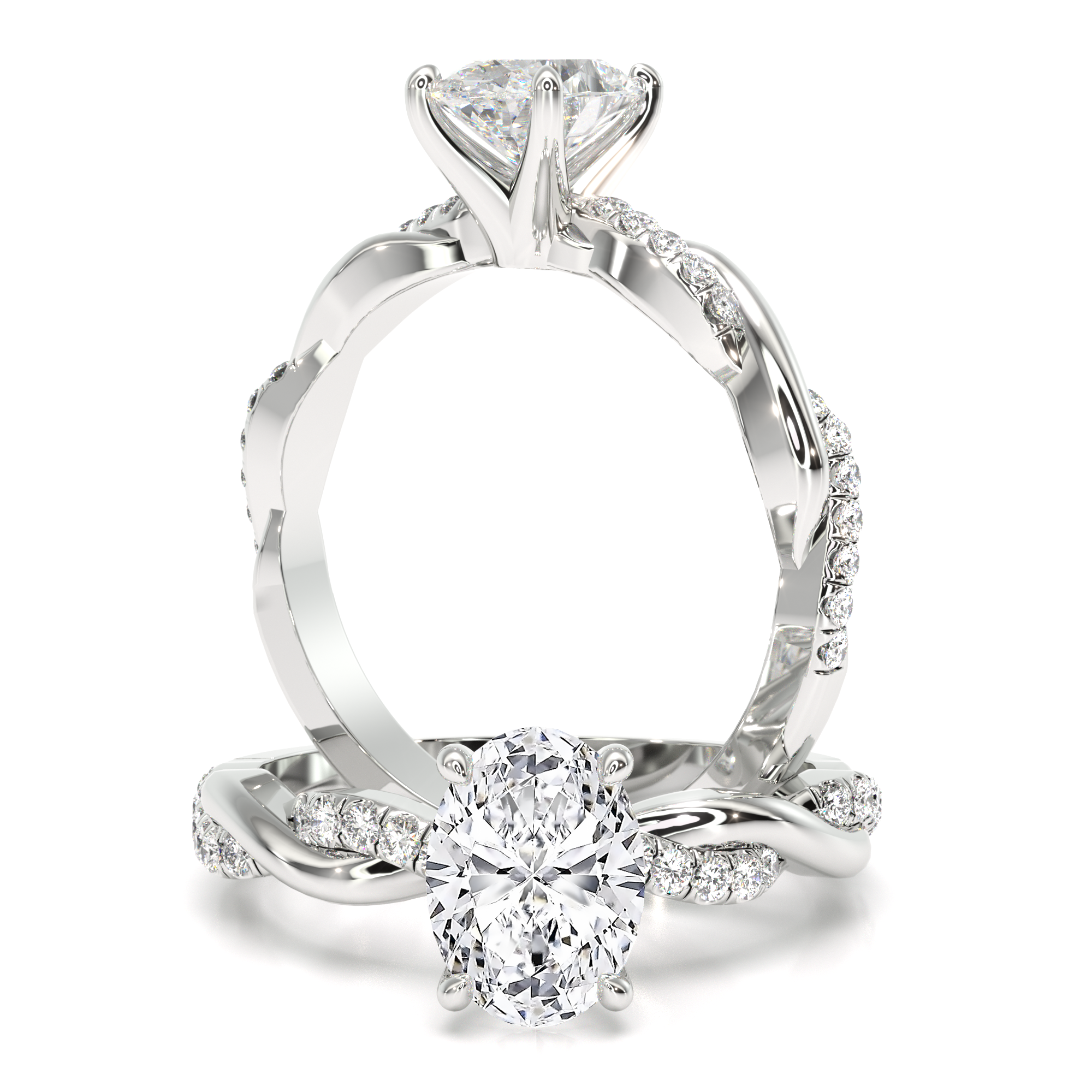 A beautiful lab grown oval cut diamond ring with shoulder stones in platinum