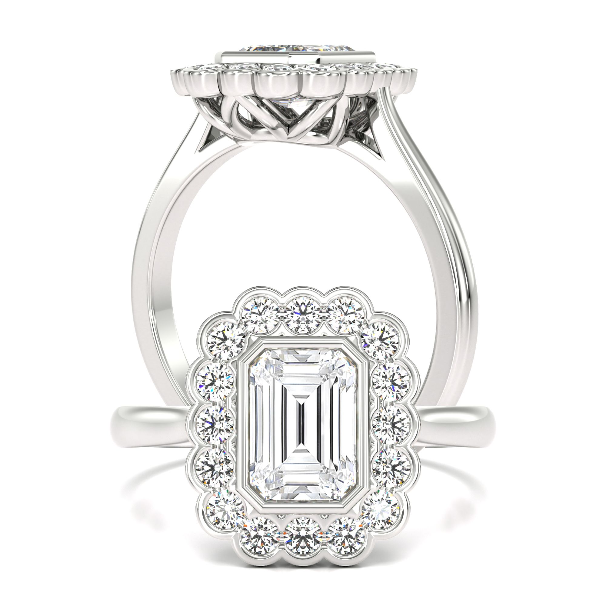 A delightful emerald cut lab grown diamond halo in 18ct white gold