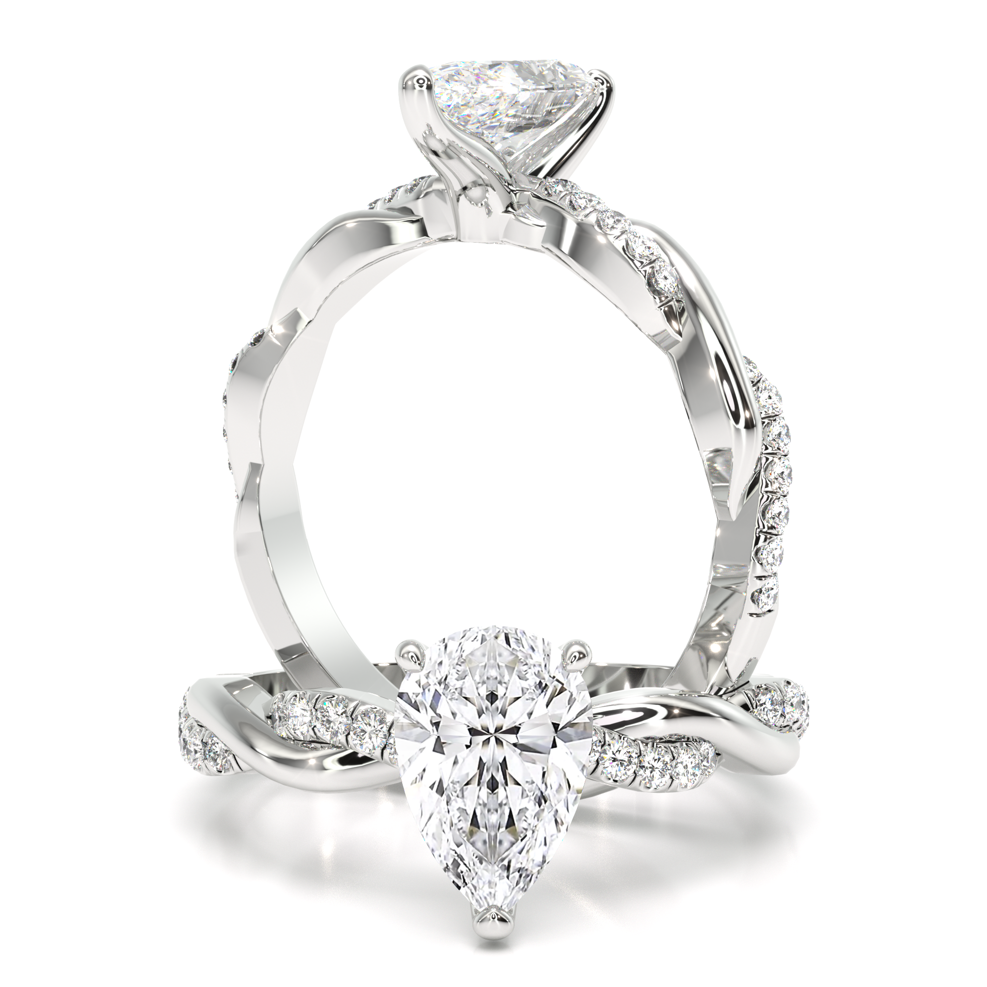 A stunning lab grown pear shape diamond ring with shoulder stones in platinum