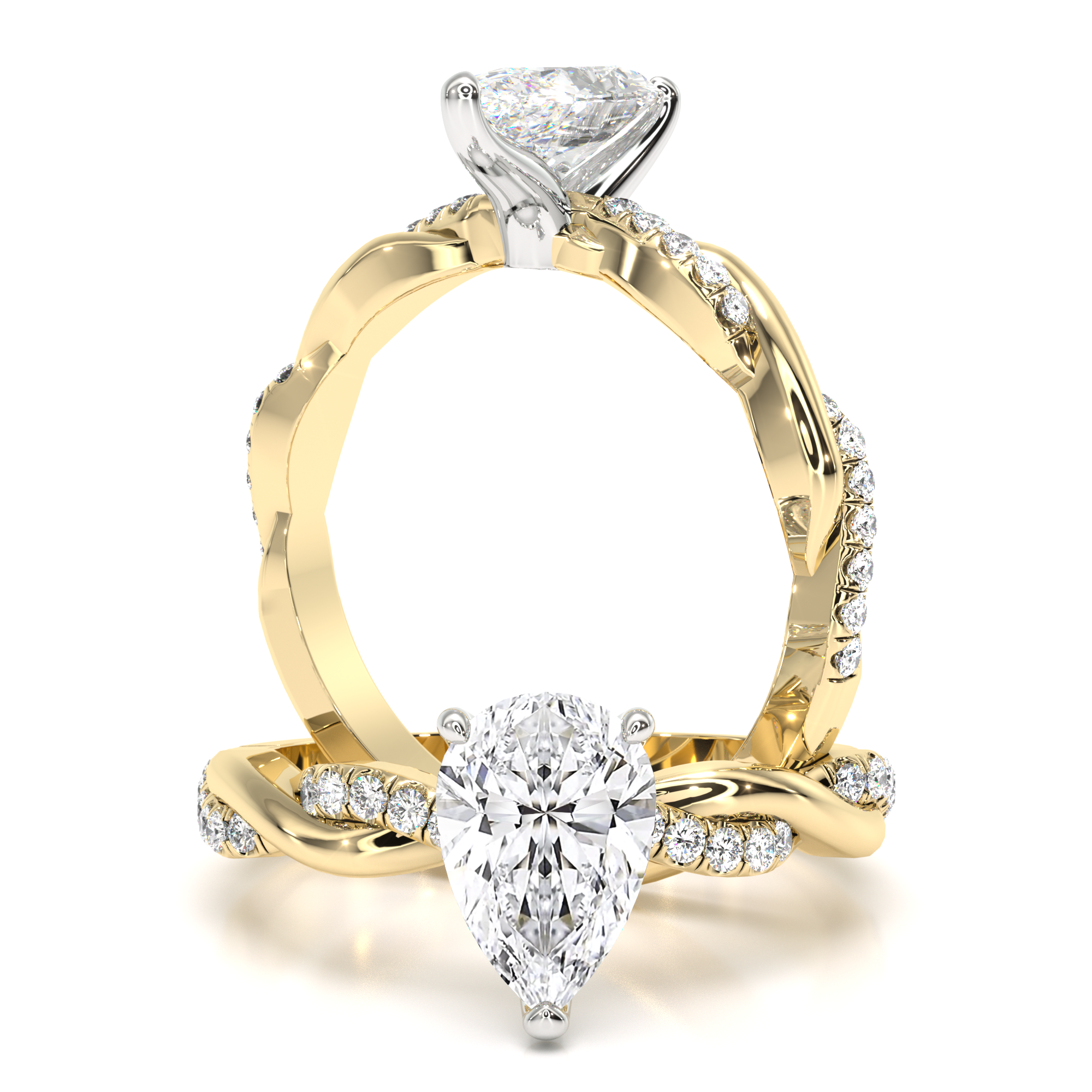 A stunning lab grown pear shape diamond ring with shoulder stones in 18ct yellow & white gold
