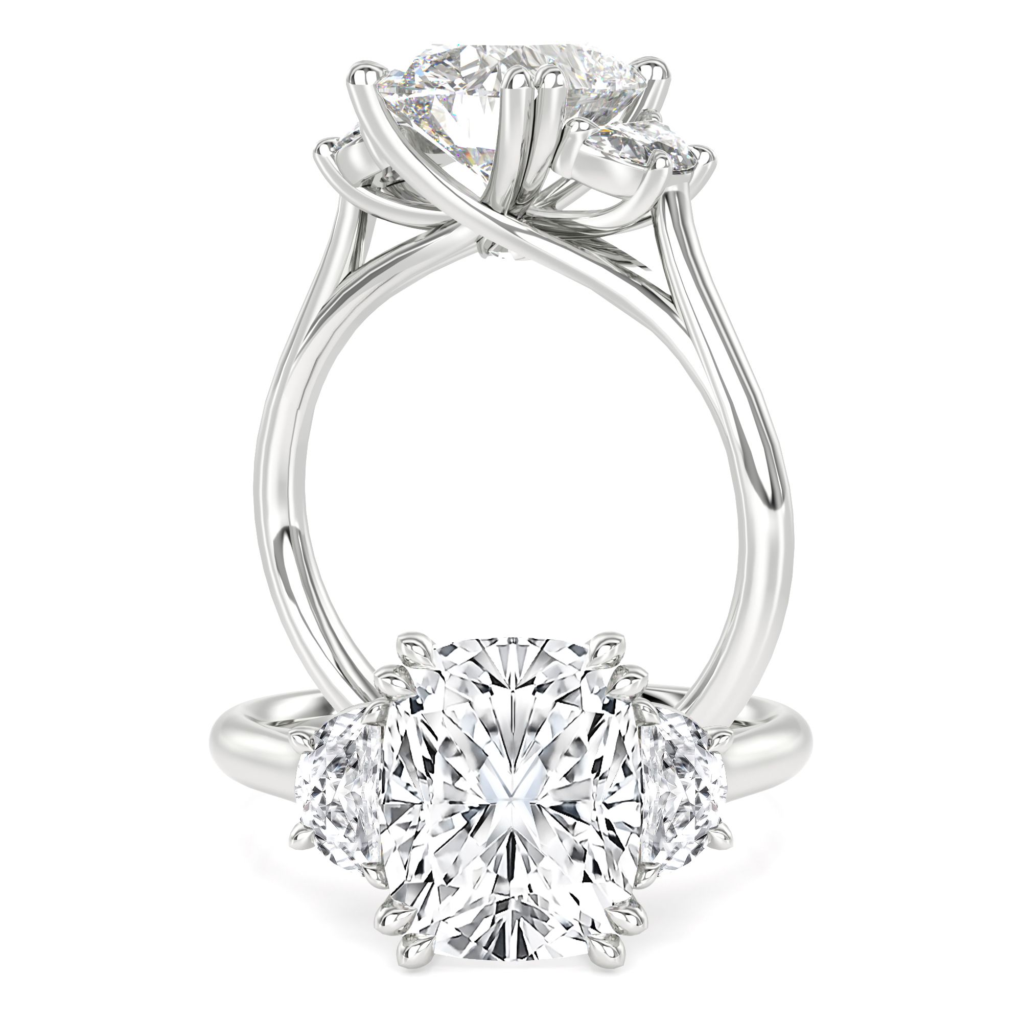A gorgeous elongated cushion cut lab grown diamond ring with half moon side stones in 18ct white gold