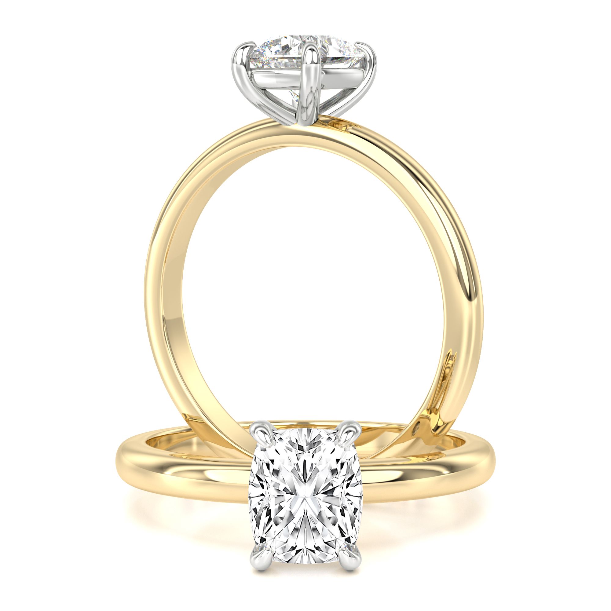 An amazing elongated cushion cut lab grown solitaire diamond ring in 18ct yellow & white gold