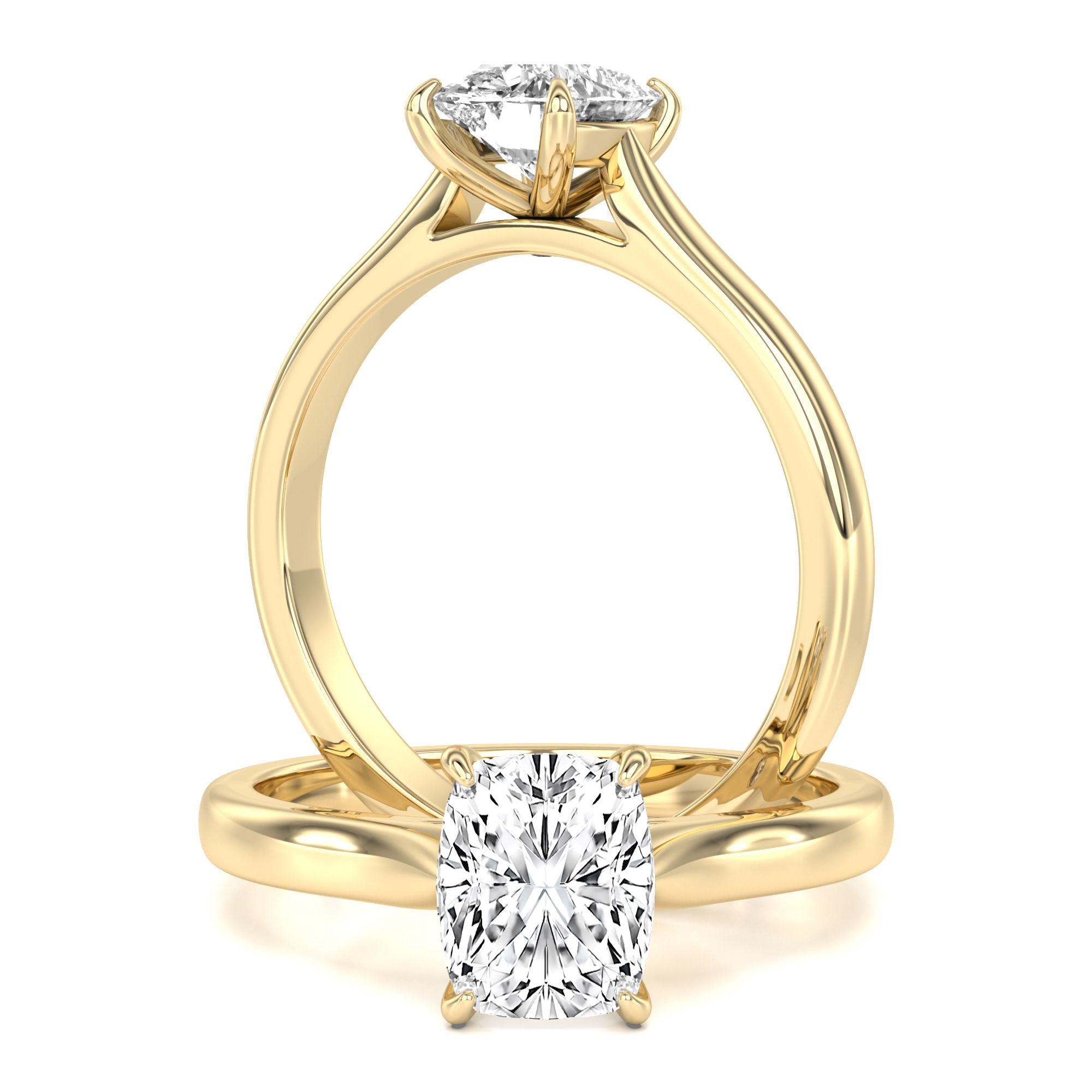 A timeless elongated cushion cut solitaire lab grown diamond ring in 18ct yellow gold