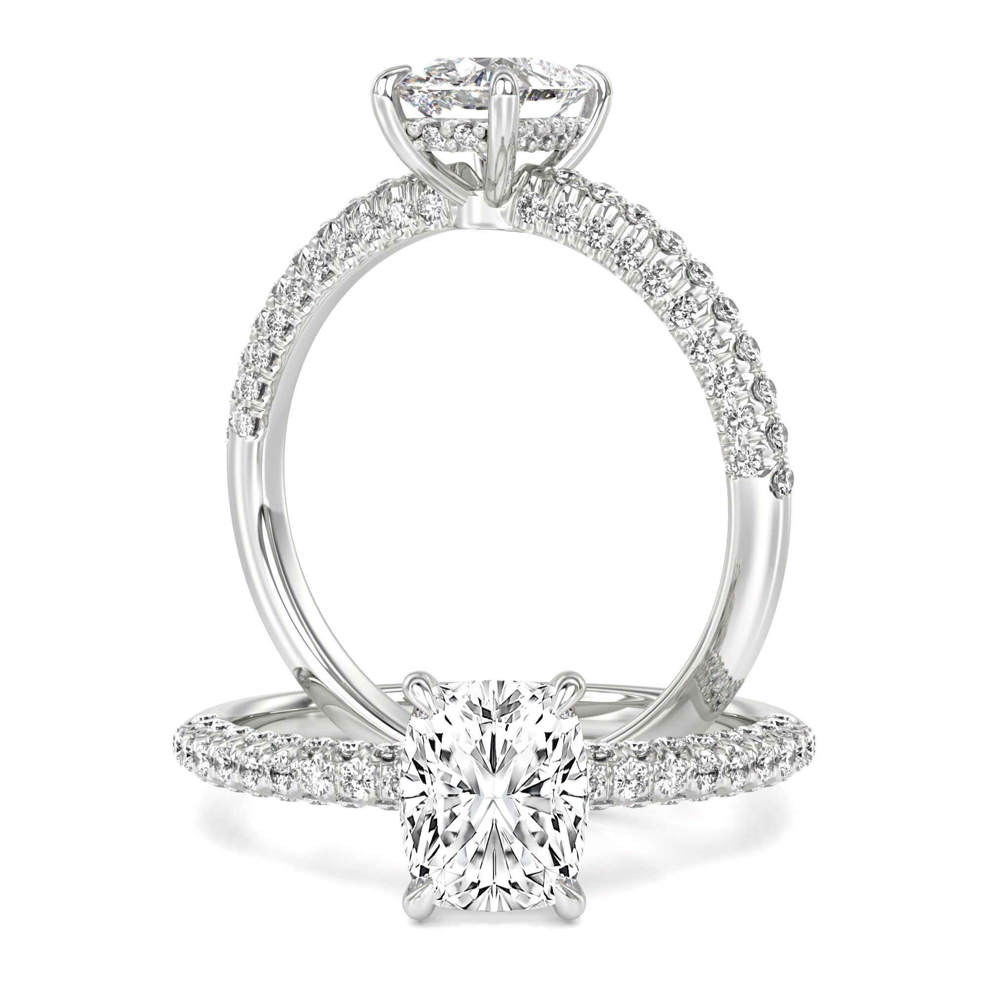 A wonderful elongated cushion cut lab grown diamond hidden halo with shoulder stones in 18ct white gold