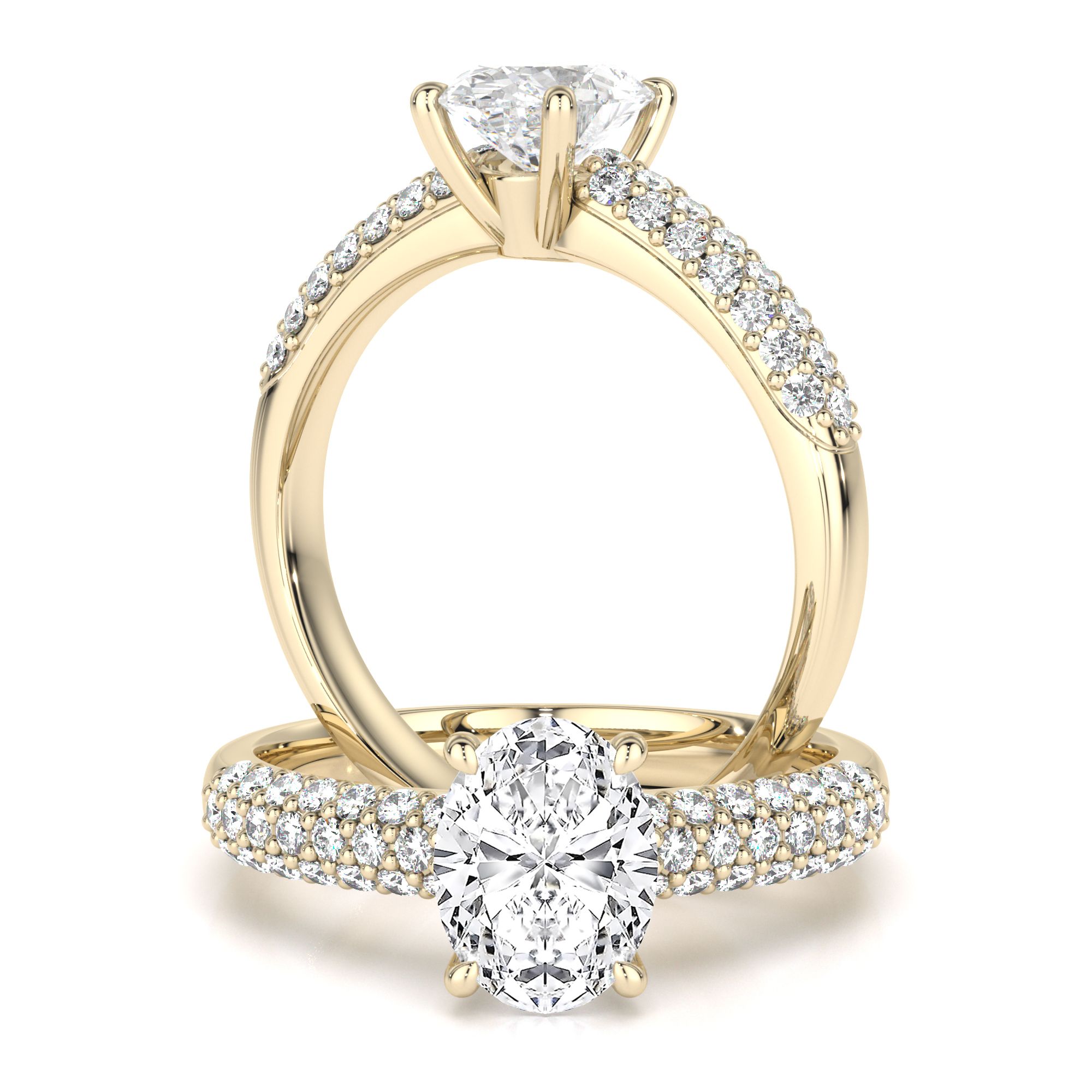 A beautiful oval cut lab grown diamond ring with shoulder stones in 18ct yellow gold