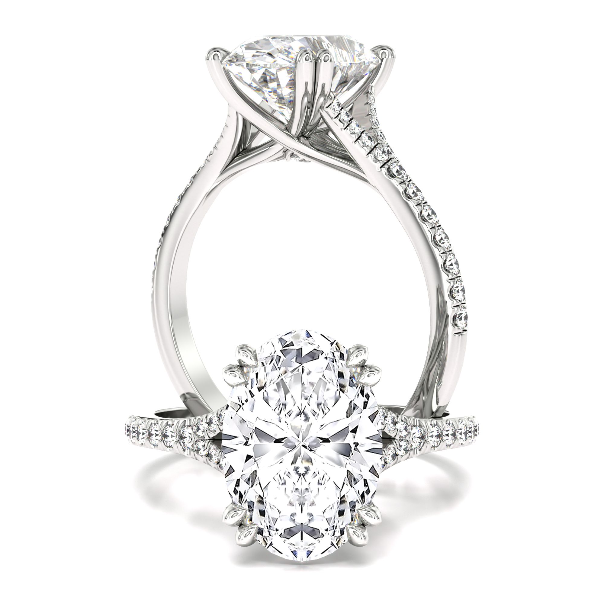 An exquisite oval cut lab grown diamond ring with shoulder stones in platinum