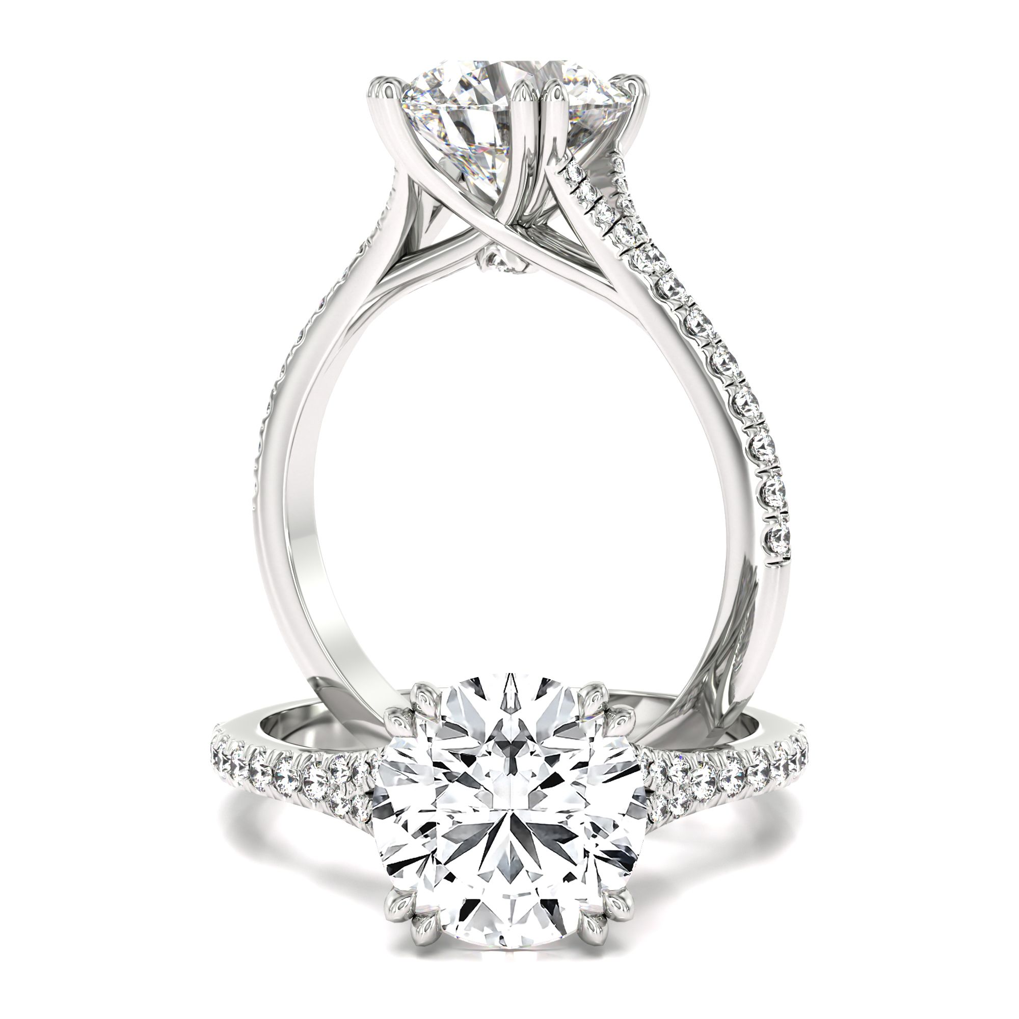 An exquisite round brilliant cut lab grown diamond ring with shoulder stones in platinum