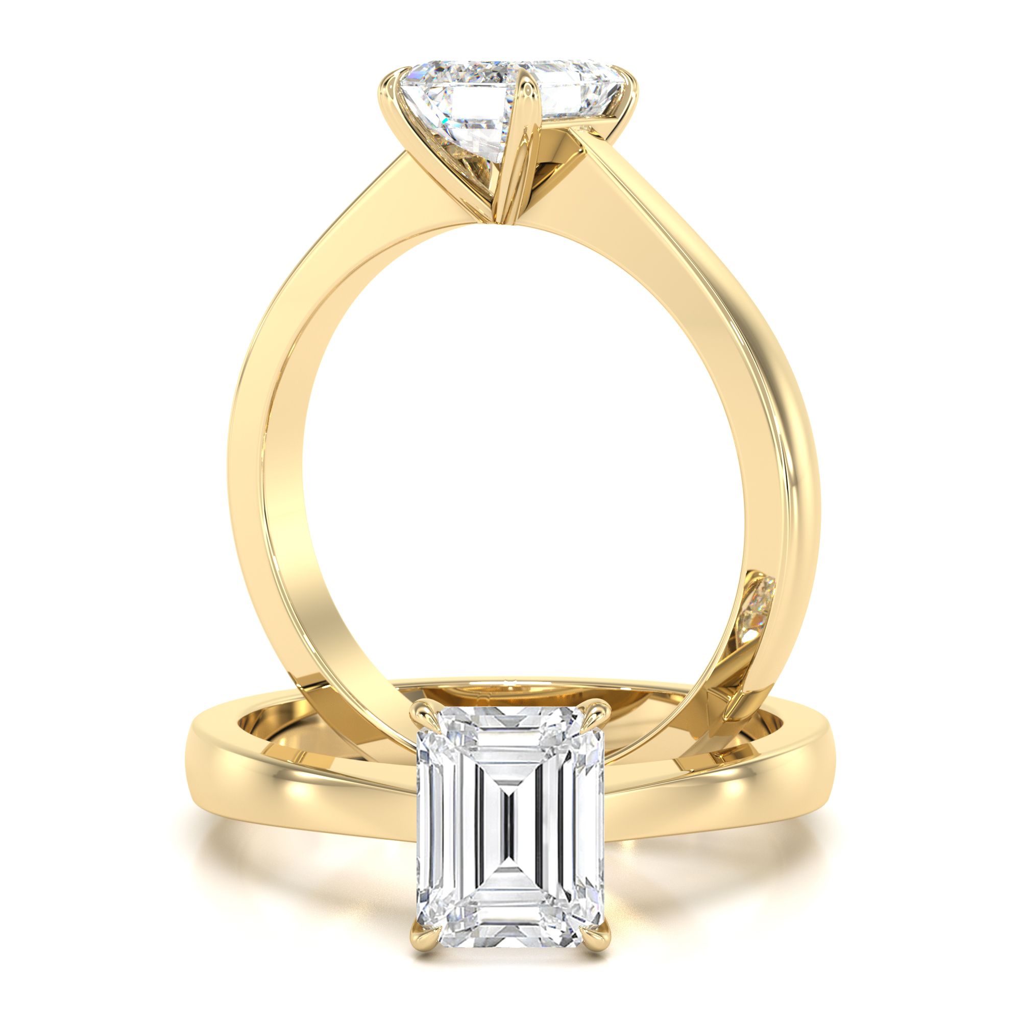 An elegant lab grown emerald cut solitaire diamond ring in 18ct yellow gold