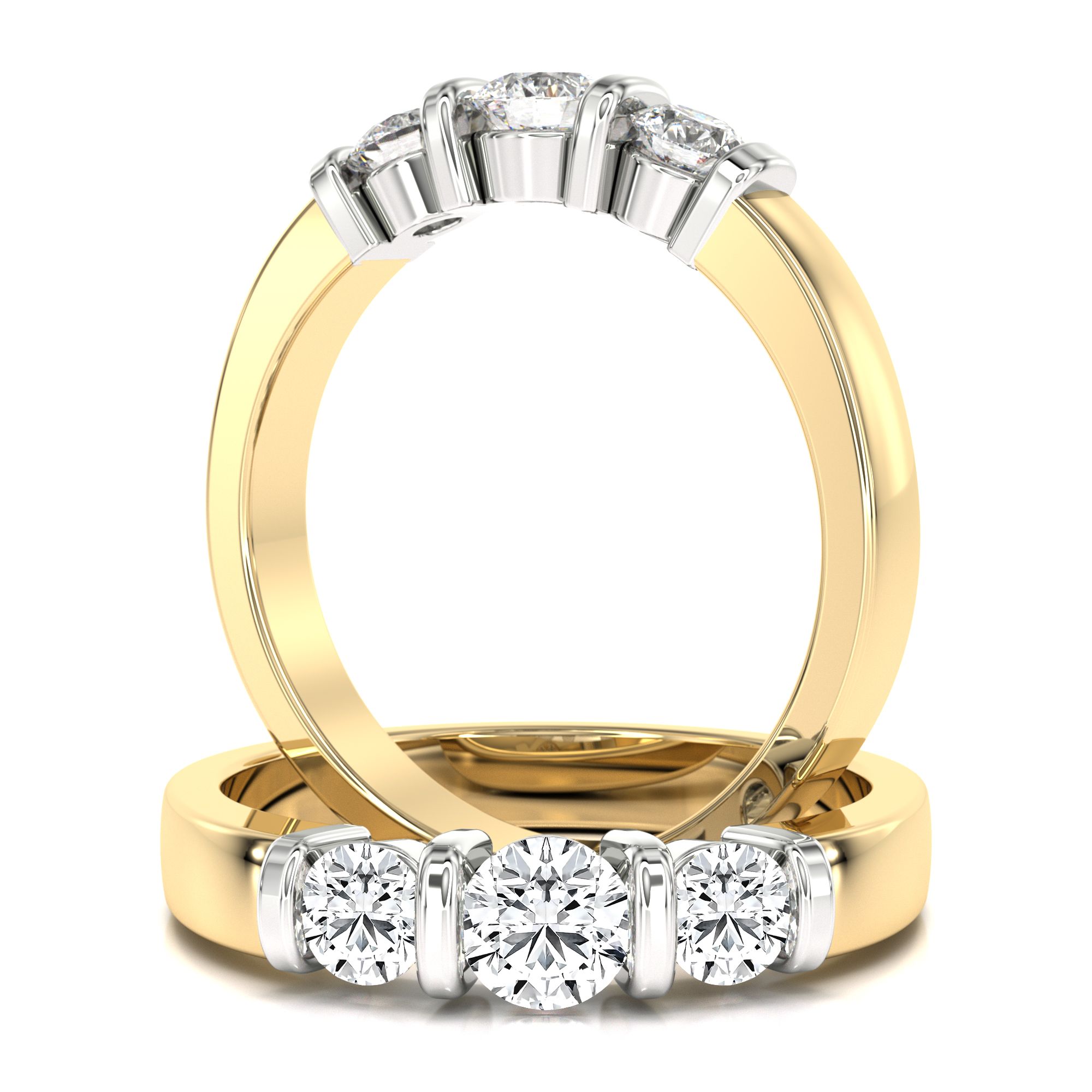 A unique lab grown round brilliant cut three stone diamond ring in {metal