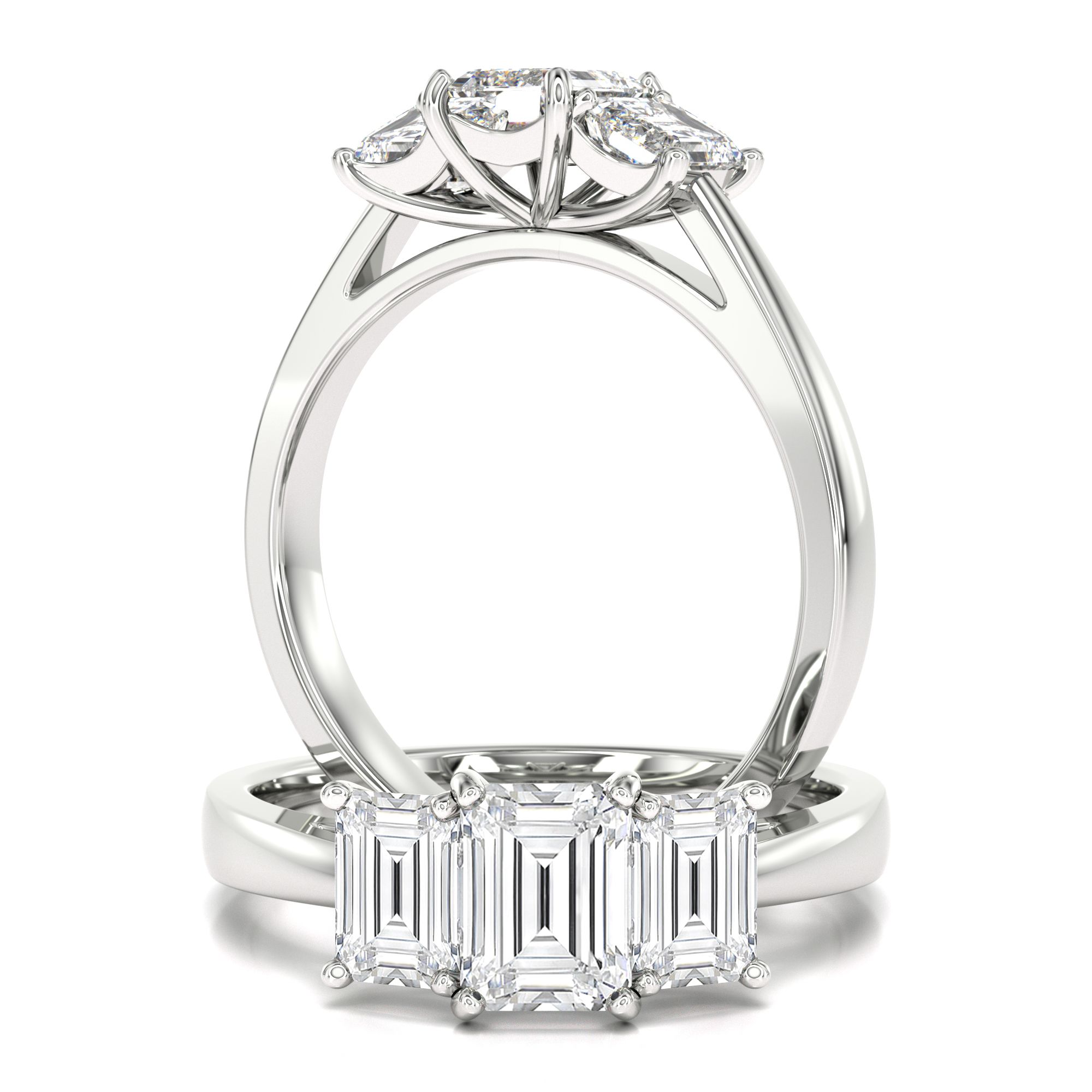 A beautiful lab grown emerald cut three stone diamond ring in 18ct white gold