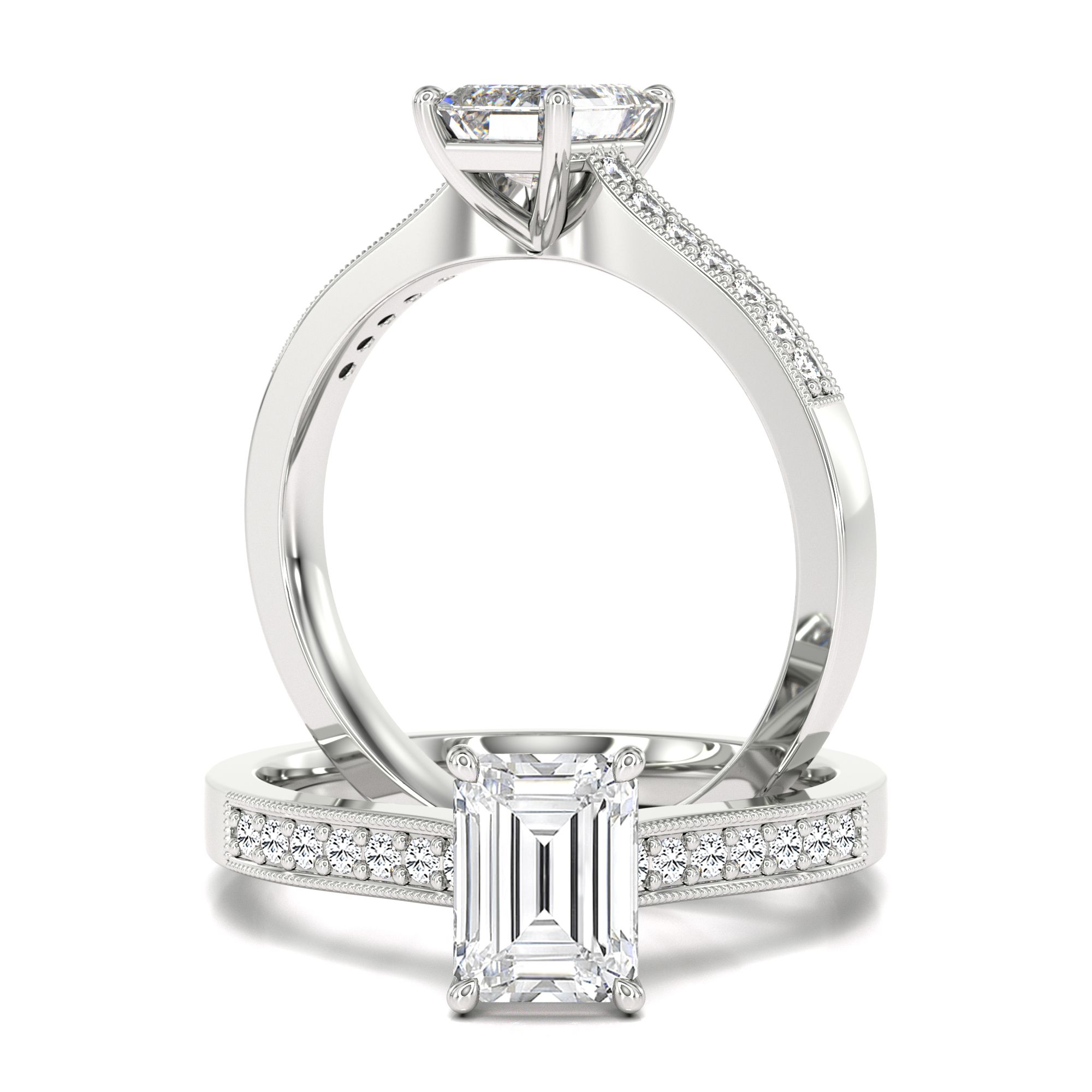 A delightful lab grown emerald cut diamond ring with shoulder stones in 18ct white gold