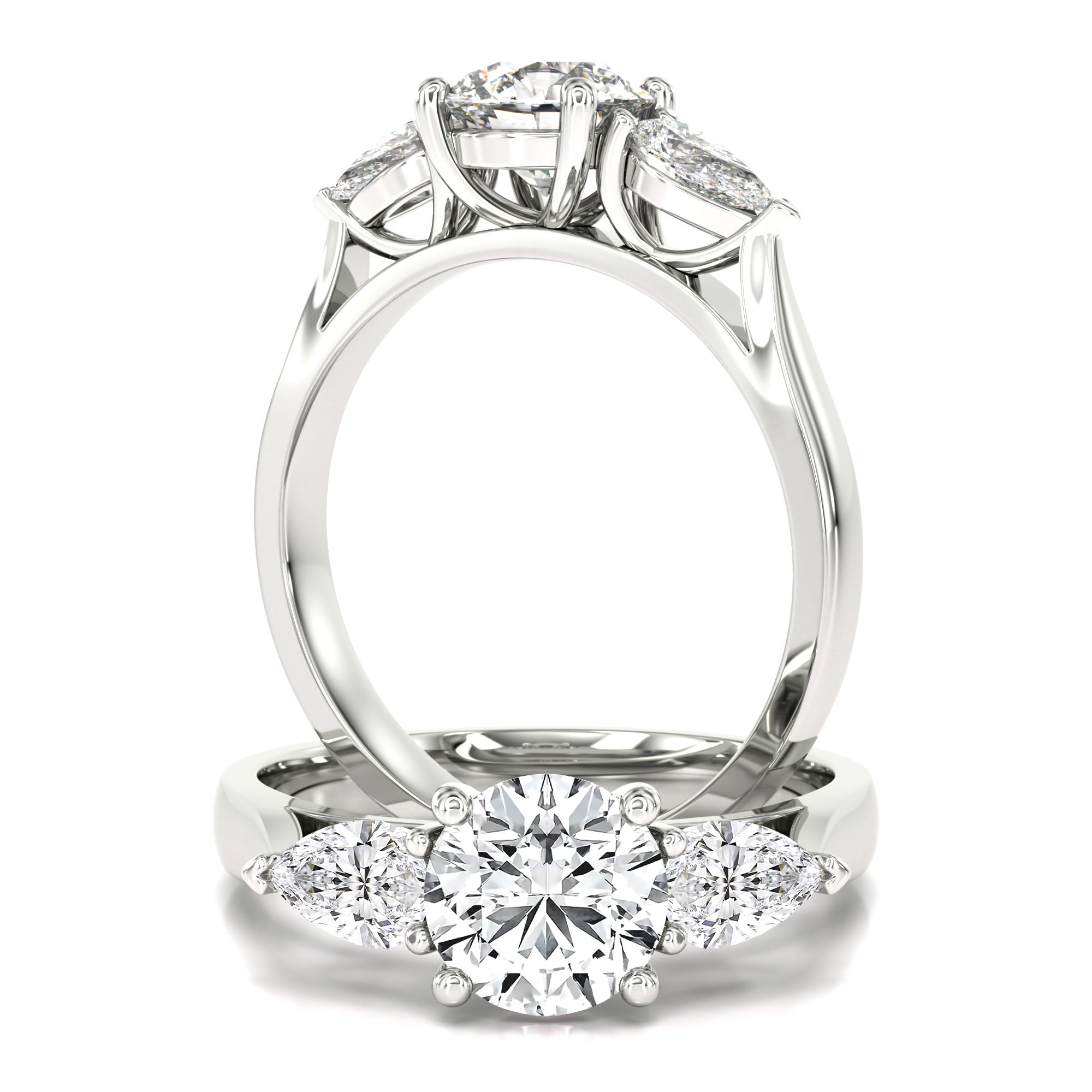 A gorgeous lab grown brilliant cut and pear shaped diamond ring in platinum