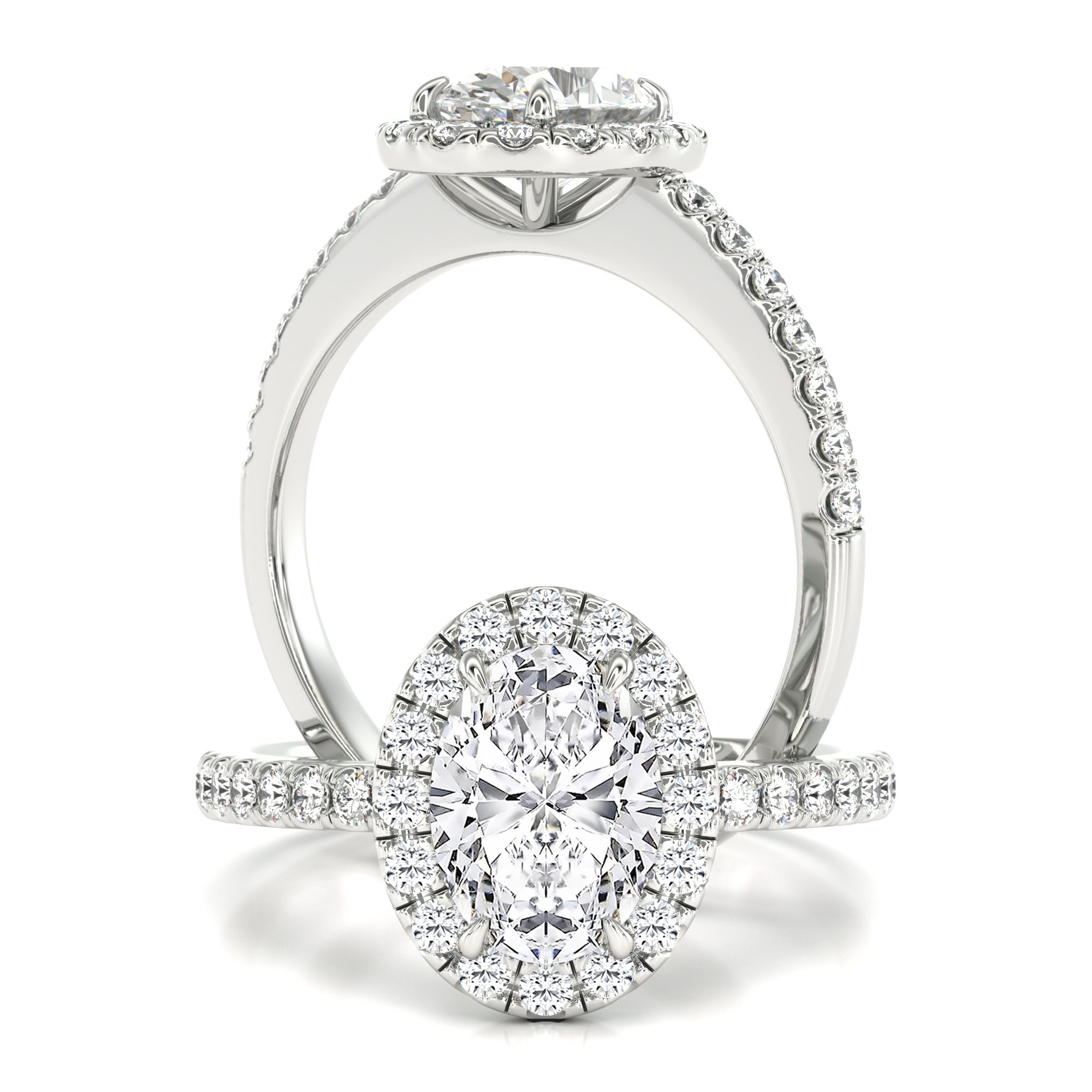 A stunning lab grown oval cut diamond halo with shoulder stones in platinum