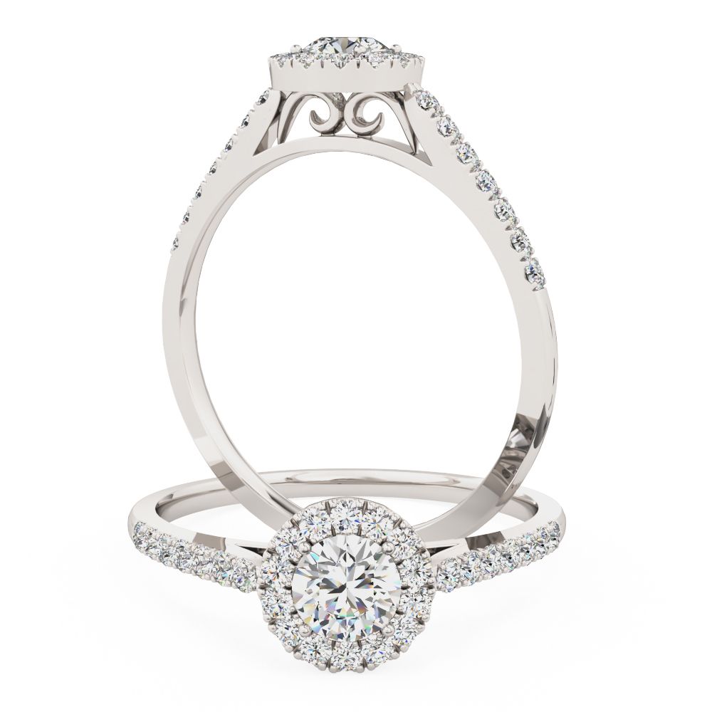 A beautiful lab grown brilliant cut diamond halo with shoulder stones in 18ct white gold