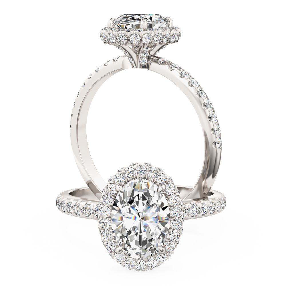 A beautiful lab grown oval cut diamond halo with shoulder stones in 18ct white gold