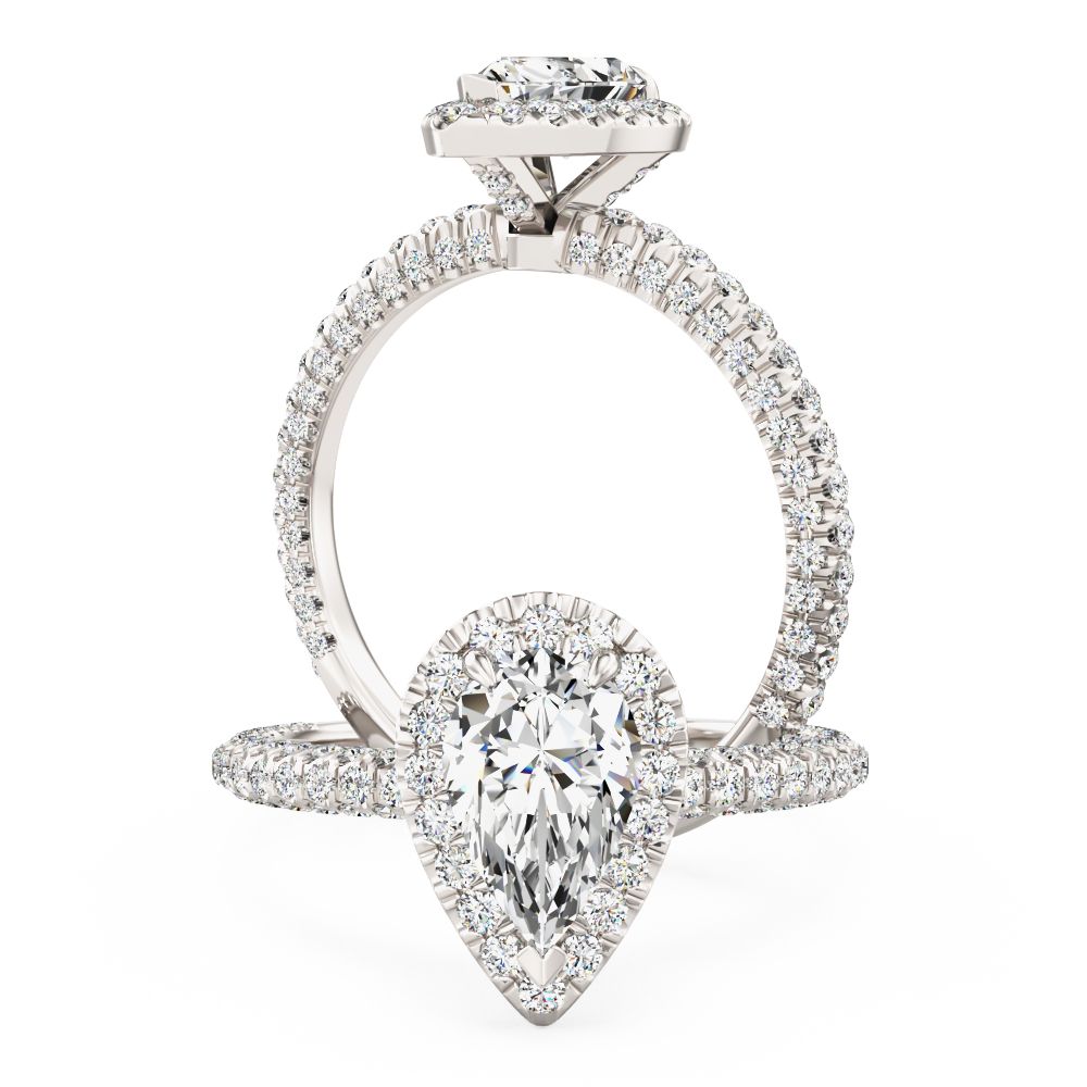 A beautiful lab grown pear shape diamond halo with shoulders stones in 18ct white gold